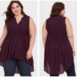 Torrid Lexie Georgette Tunic Top Black Red Striped Dress Front Button Down OX